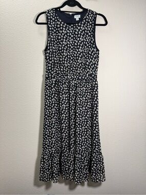 J.Crew Dress 4 M Midi Chiffon Floral Navy Blue Challis Ruffle Sleeveless Casual